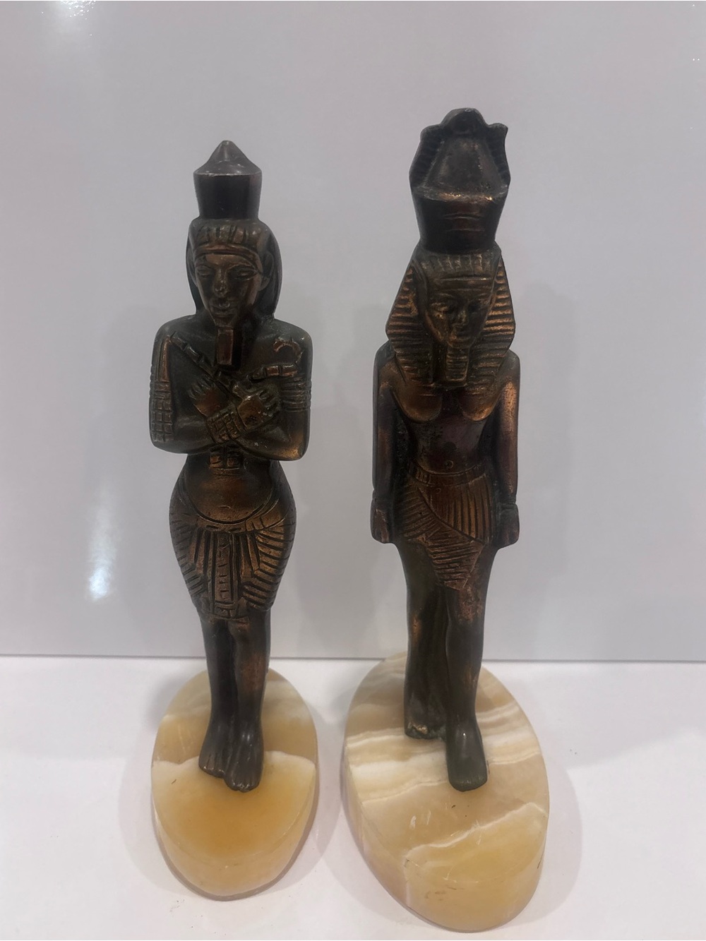 Vintage Egyptian Revival Pharaoh Figures Bronze Tone on Onyx Bases – Pair 10”